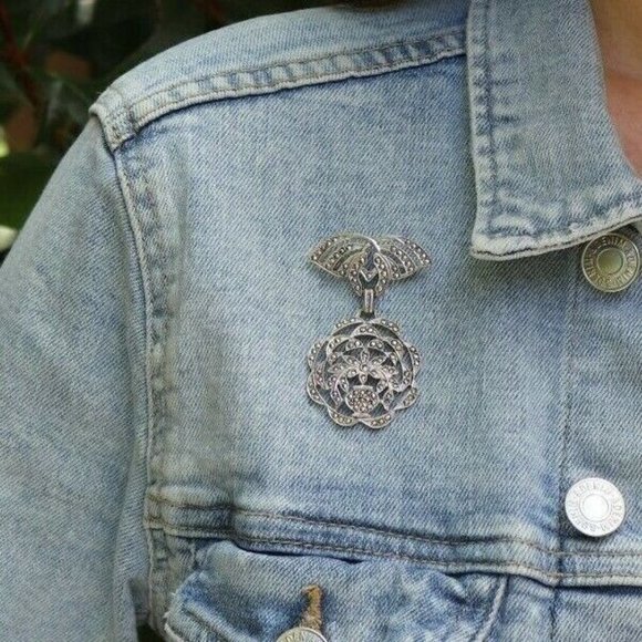 Sterling Silver Flower Dangle Pin Brooch Art Deco - Picture 2 of 8